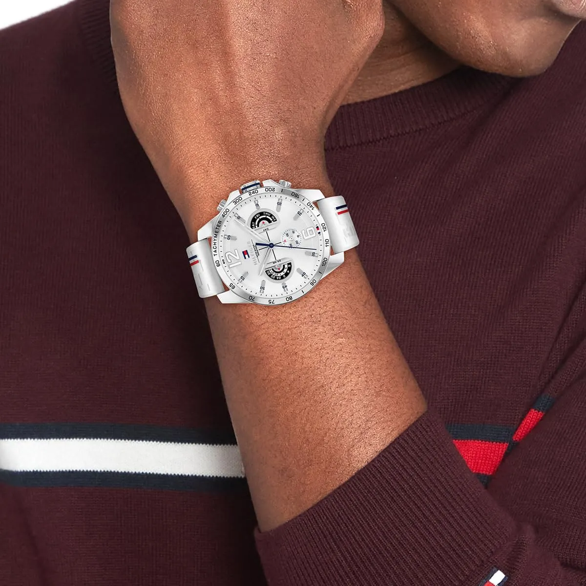 Tommy Hilfiger Decker 1710676 Chronograph Quartz White Dial Silicon Strap Men’s Watch