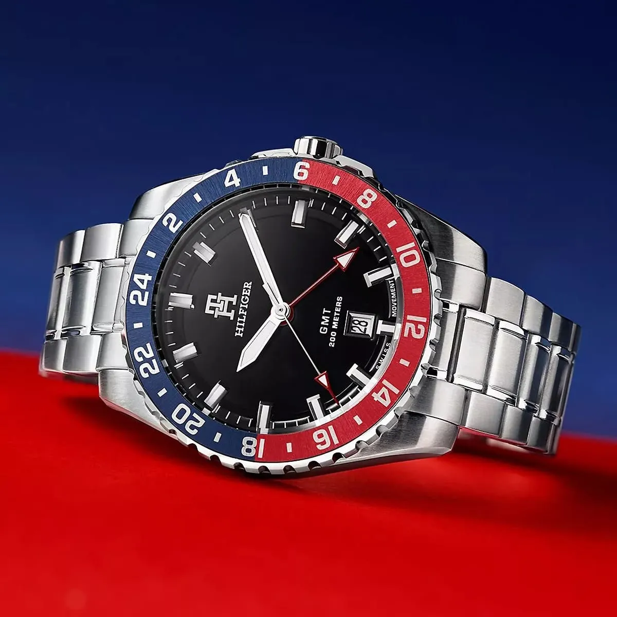 Tommy Hil-figer GMT TH85 1792131 Quartz Pepsi Dial Stainless Steel Chain Men’s Watch