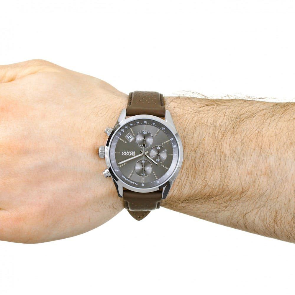 Hugo Boss Grand Prix HB1513476 Chronograph Quartz Grey Dial Genuine Leather Strap Men’s Watch