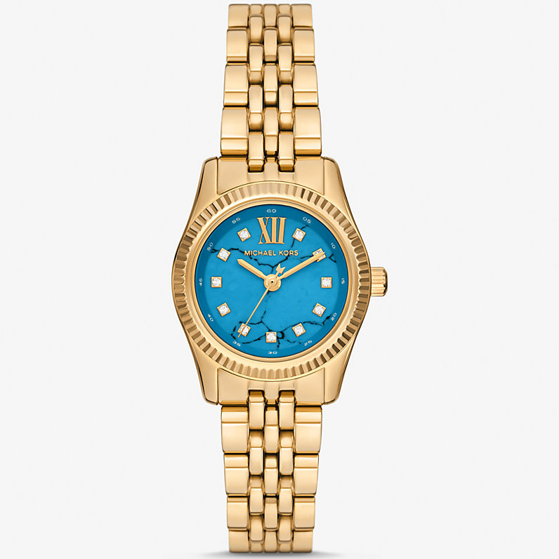 Michael Kors Petite Lexington MK4813 Gold-Tone Quartz Blue Pavé Dial Stainless Steel Chain Ladies Watch