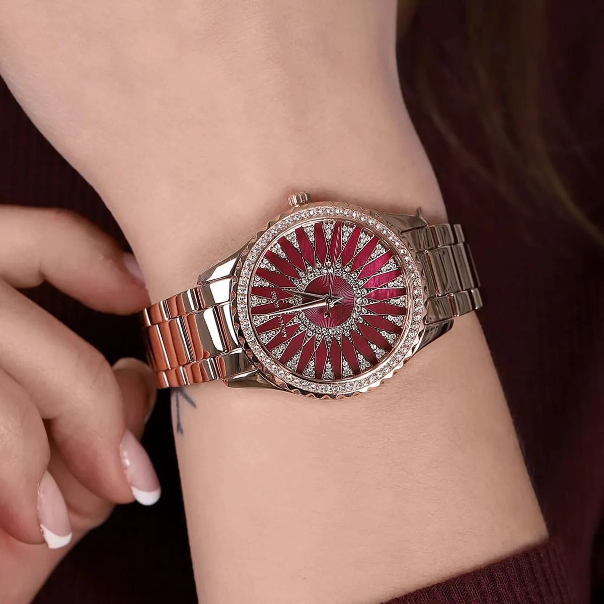 Michael Kors Layton MK6893 Quartz Royal Red Stone Dial Stainless Steel Chain Ladies Watch