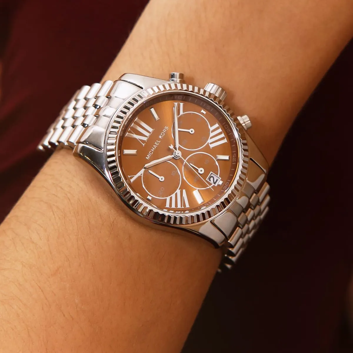 Michael Kors Lexington MK6221 Chronograph Quartz Brown Dial Stainless Steel Chain Ladies Watch