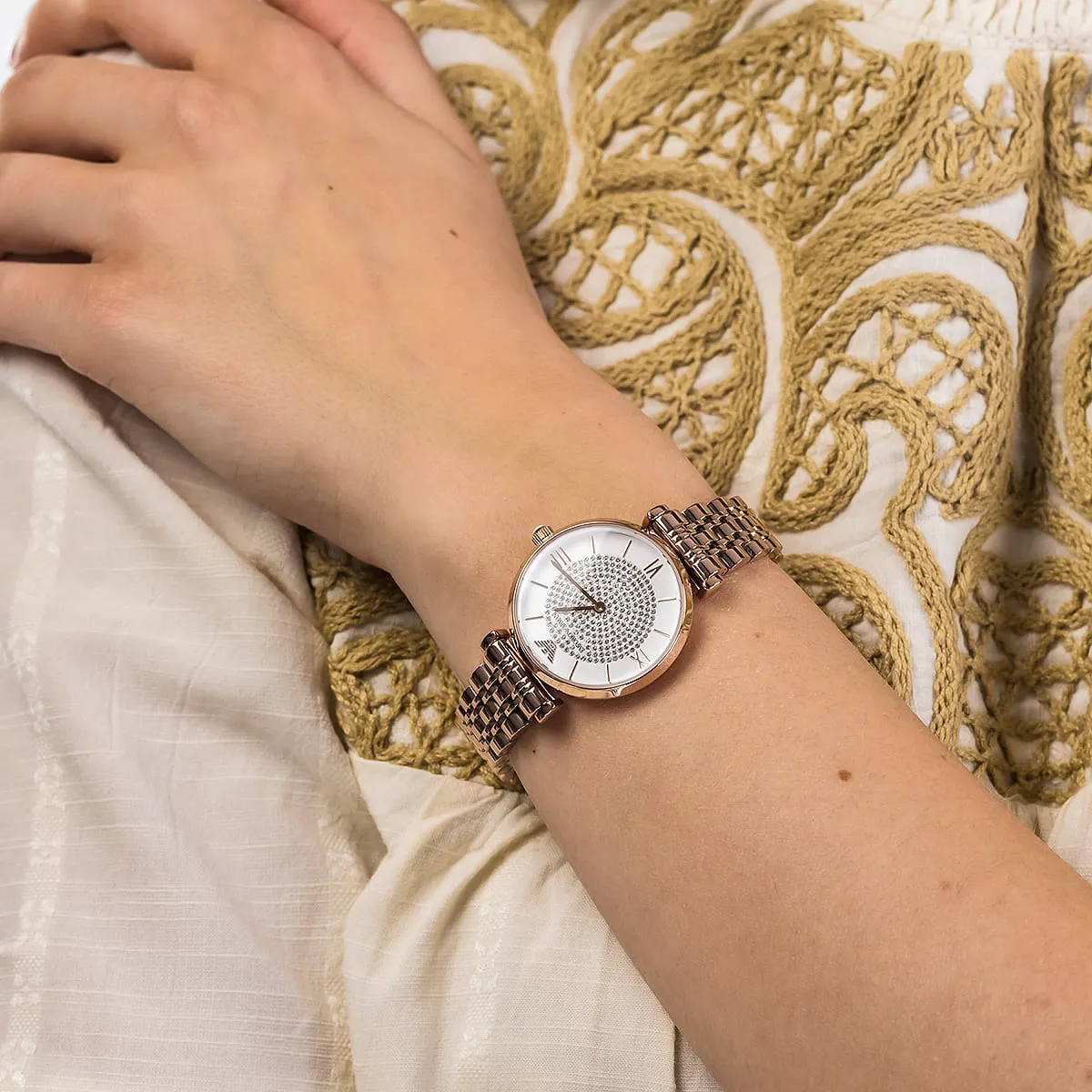 Emporio Armani Gianni T-Bar AR11244 Quartz White Dial Stainless Steel Chain Lady’s Watch