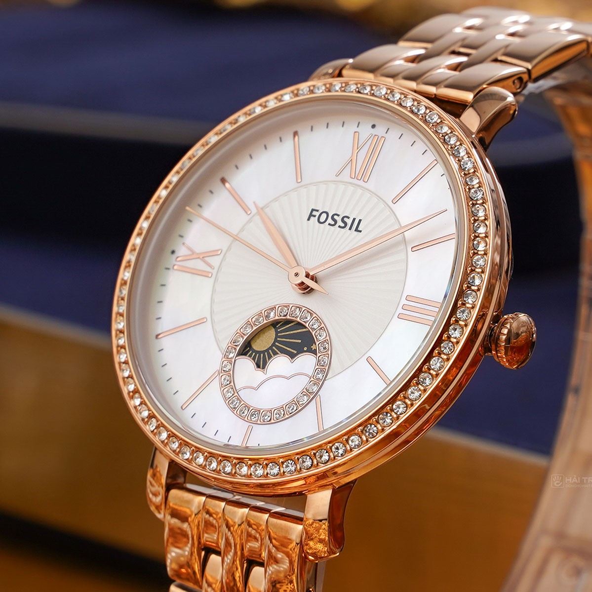 Fossil Jacqueline ES5165 Moonphase Quartz White Dial Stainless Steel Chain Women’s Watch