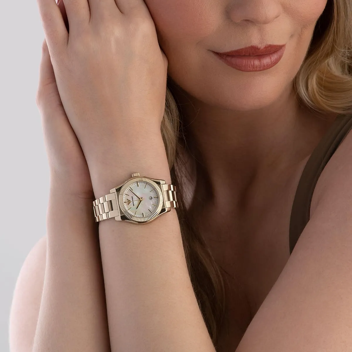 Emporio Armani Federico AR11657 Gold-Tone Quartz White Dial Stainless Steel Chain Lady’s Watch