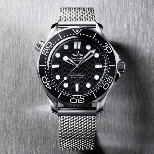 Omega Seamaster Diver 300M "Steel On Steel" Black Dial Automatic Stainless Steel Mesh Strap Men's Watch