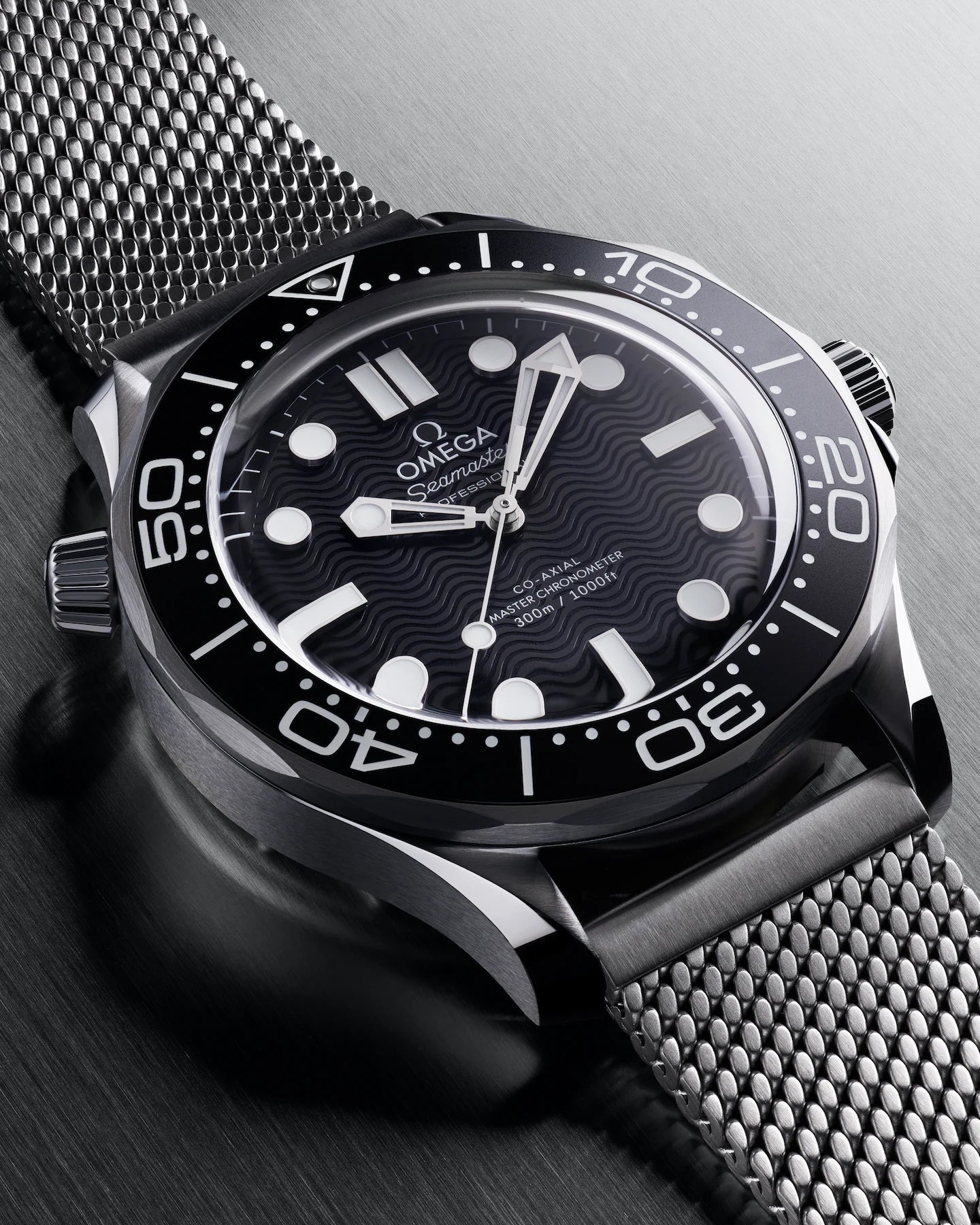 Omega Seamaster Diver 300M "Steel On Steel" Black Dial Automatic Stainless Steel Mesh Strap Men's Watch