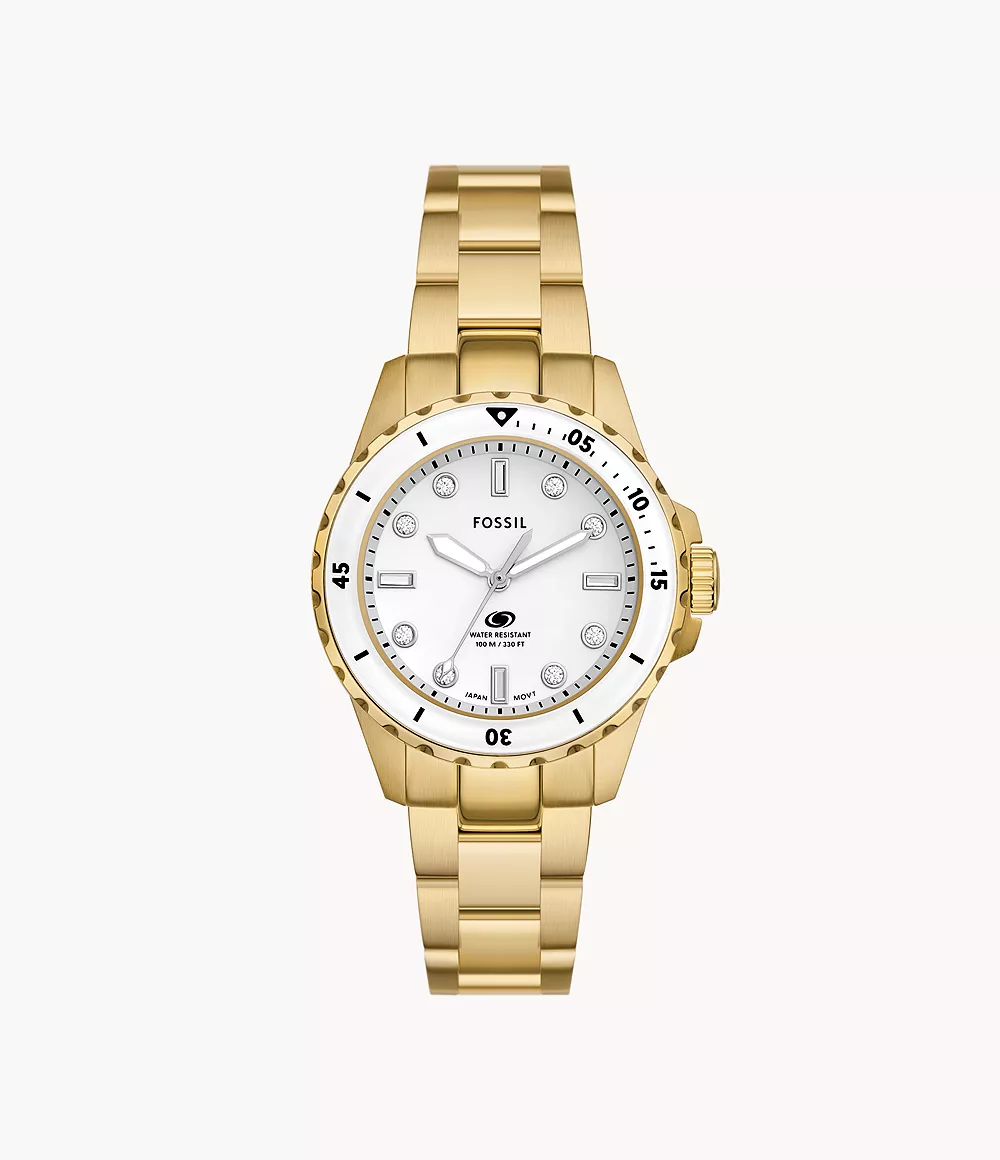 Fossil Blue Dive ES5350 Quartz White Dial Stainless Steel Gold Tone Chain Lady’s Watch Bezel
