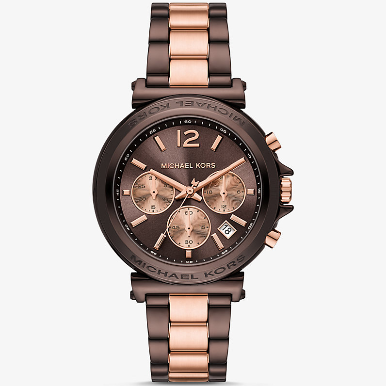 Michael Kors Maren MK7496 Chronograph Quartz Brown Dial Two-Tone Stainless Steel Chain Ladies Watch