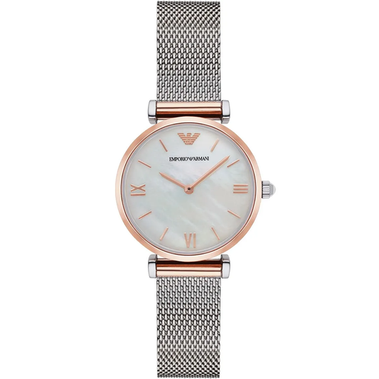 Emporio Armani Gianni T-Bar AR2067 Quartz Mother of Pearl Dial Stainless Steel Mesh Chain Lady’s Watch