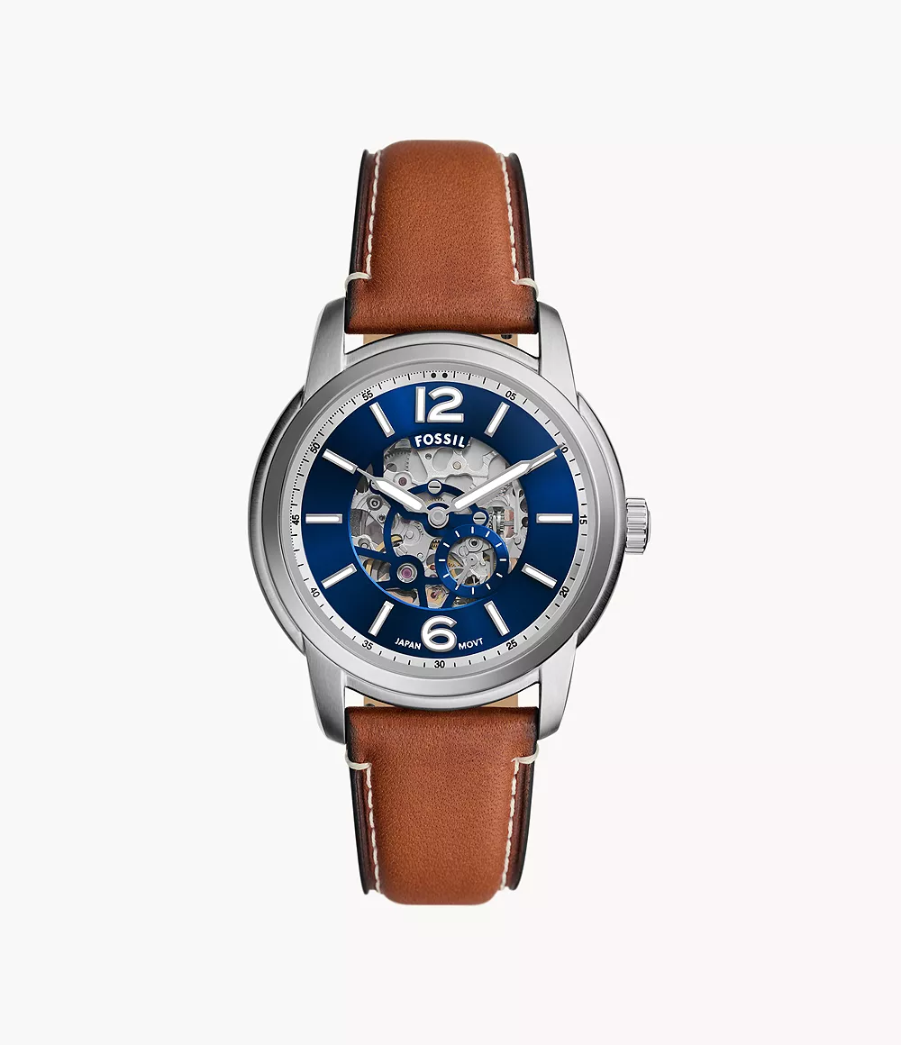 Fossil Heritage ME3263 Automatic Blue Dial Skeleton Genuine Leather Strap Men’s Watch