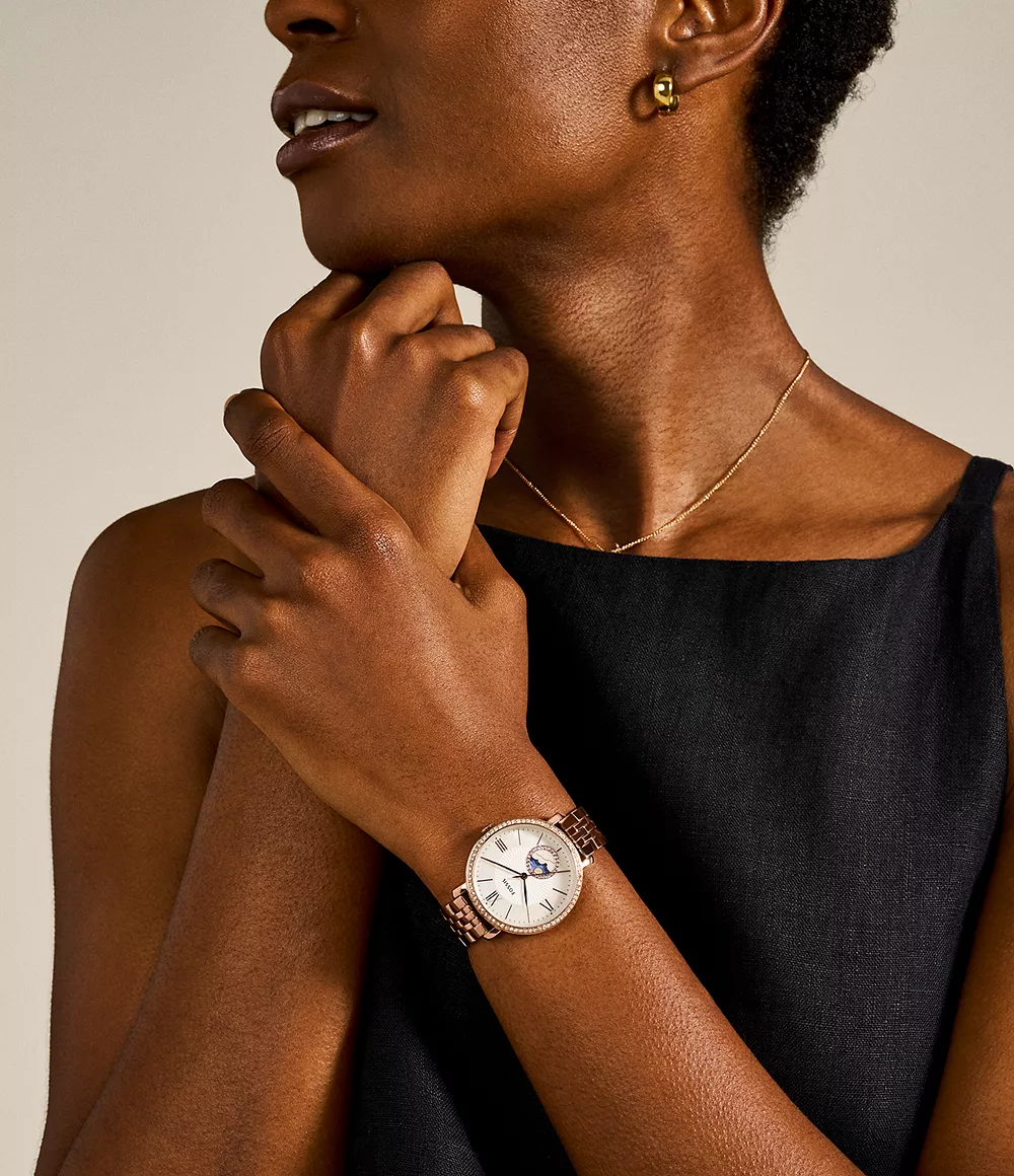 Fossil Jacqueline ES5165 Moonphase Quartz White Dial Stainless Steel Chain Women’s Watch