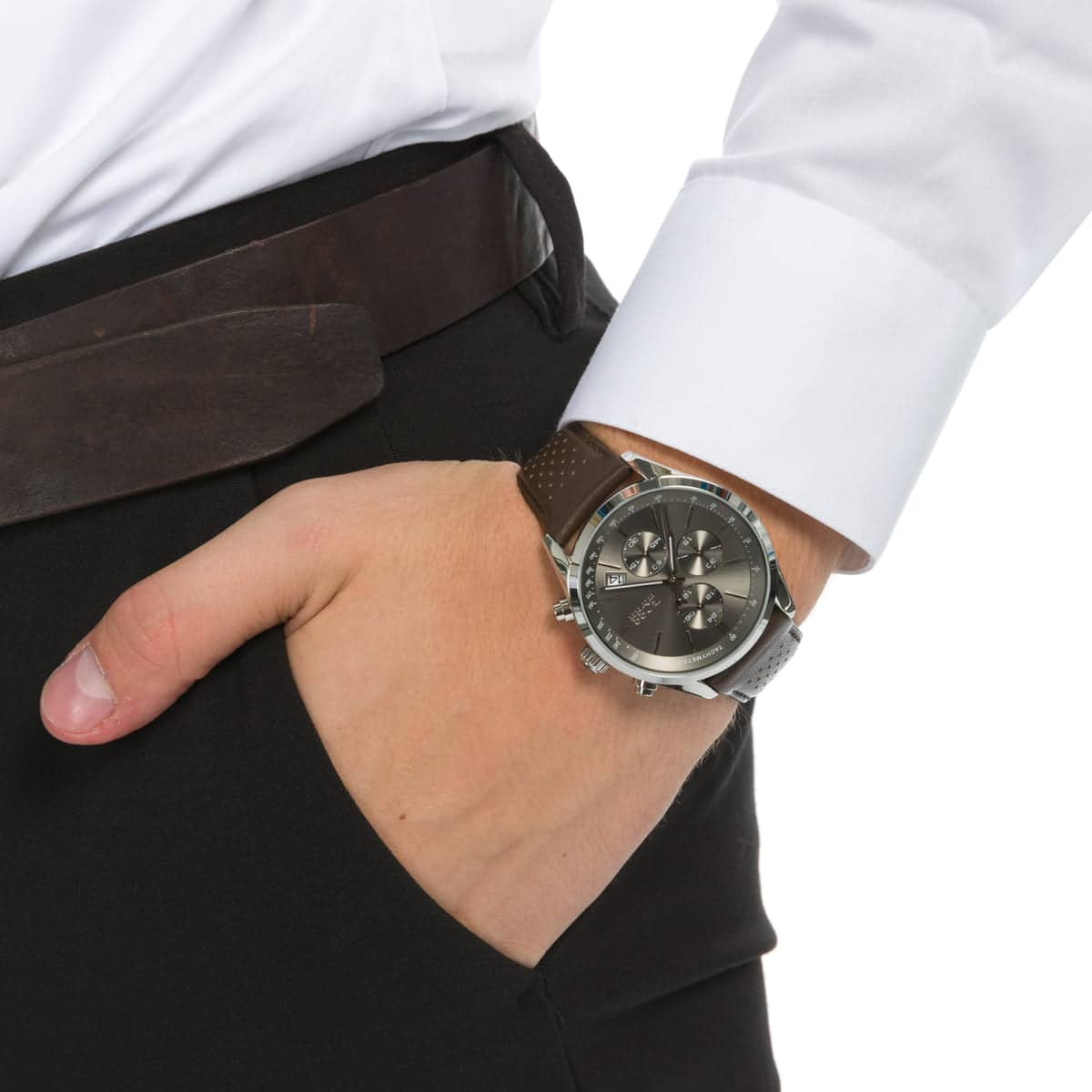Hugo Boss Grand Prix HB1513476 Chronograph Quartz Grey Dial Genuine Leather Strap Men’s Watch