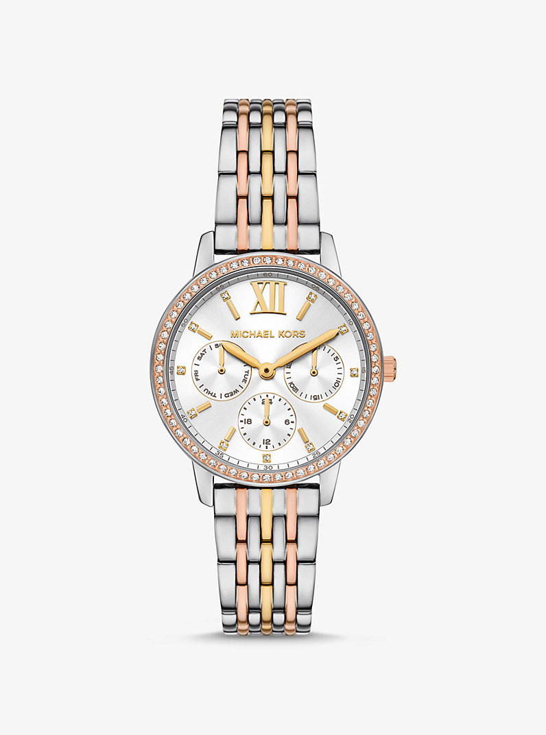 Michael Kors Melissa MKO1117 Chronograph Quartz Tri-Tone White Pavé Dial Stainless Steel Chain Ladies Watch