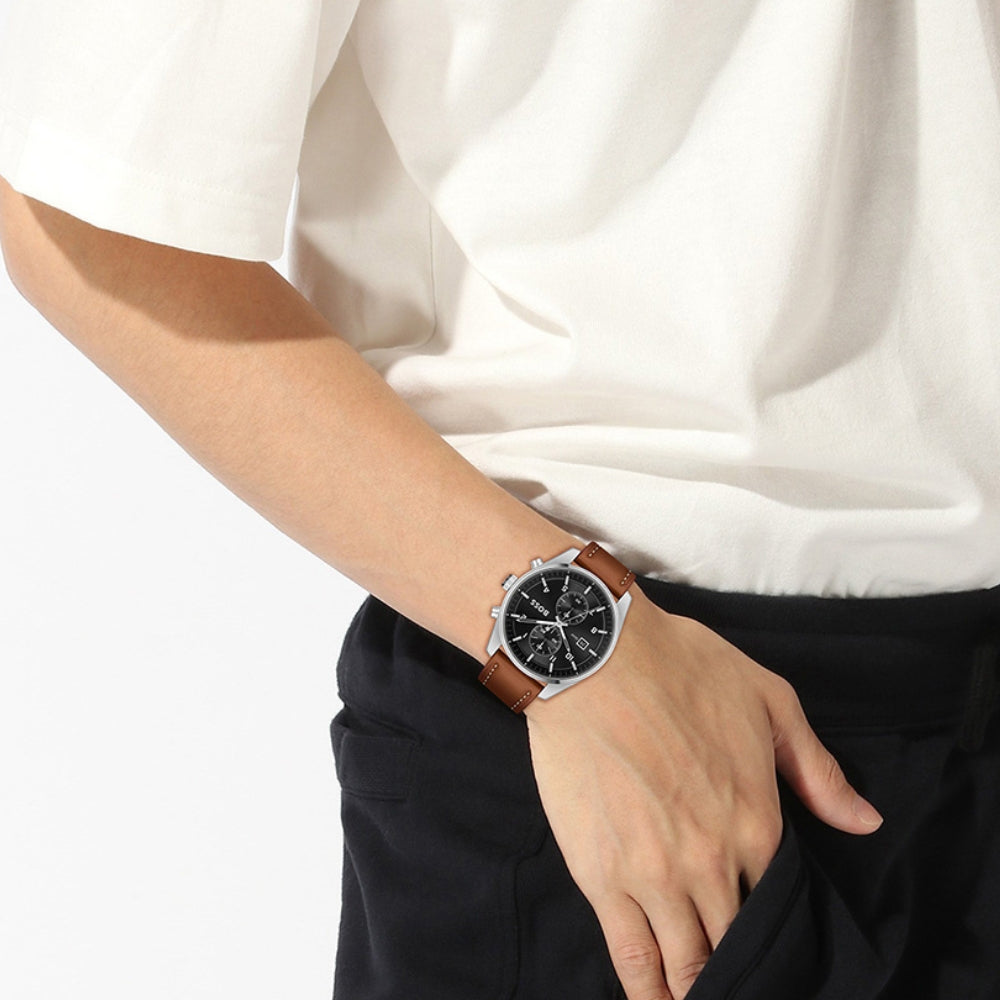 Hugo Boss Sky-Traveller HB1514161 Chronograph Quartz Genuine Leather Strap Men’s Watch
