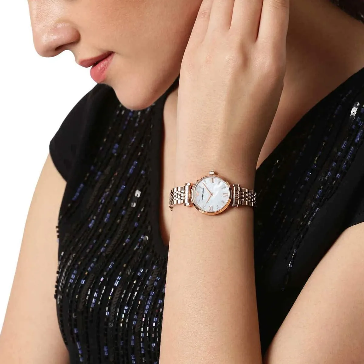 Emporio Armani Gianni T-Bar AR11316 Quartz Mother Of Pearl Dial Stainless Steel Chain Lady’s Watch