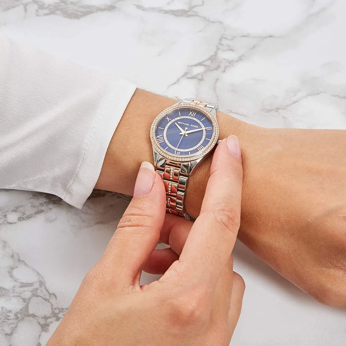 Michael Kors Lauryn MK3929 Quartz Blue Dial Stainless Steel Chain Two-Tone  Ladies Watch