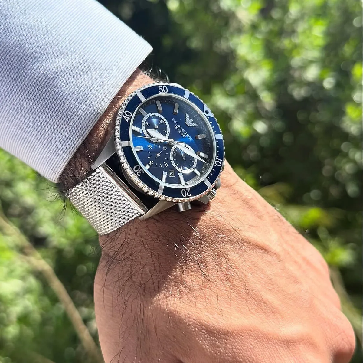 Emporio Armani AR11587 Chronograph Quartz Blue Dial Stainless Steel Mesh Chain Men’s Watch