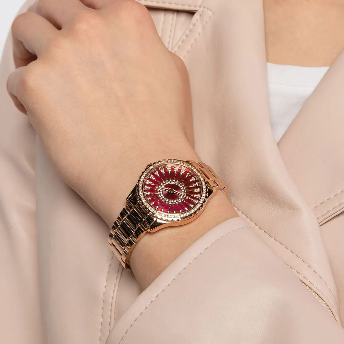Michael Kors Layton MK6893 Quartz Royal Red Stone Dial Stainless Steel Chain Ladies Watch