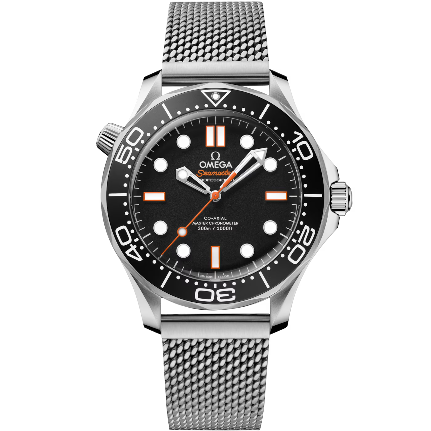 Omega Seamaster Diver 300M "Steel On Steel" Black Dial Automatic Stainless Steel Mesh Strap Men's Watch