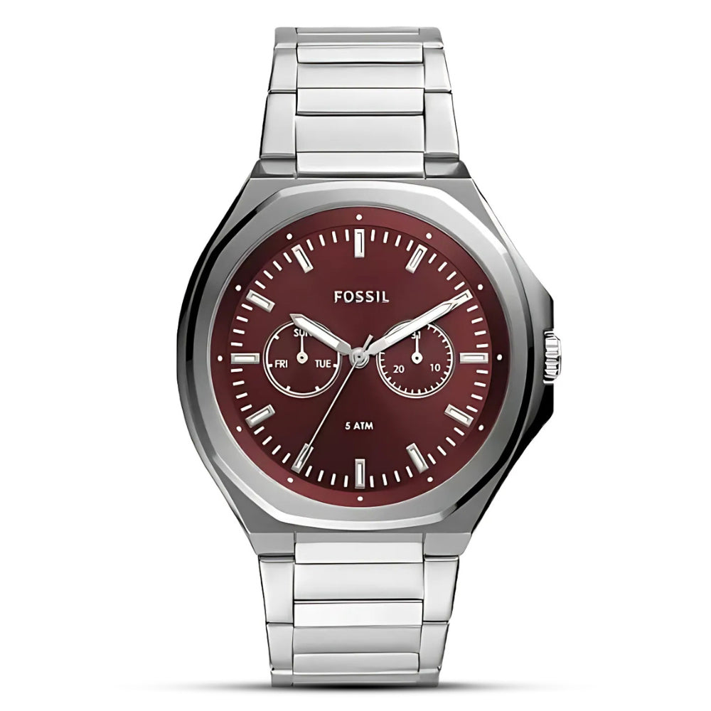 Fossil Evanston BQ2807 Chronograph Quartz Burgundy Dial Stainless Steel Chain Men’s Watch