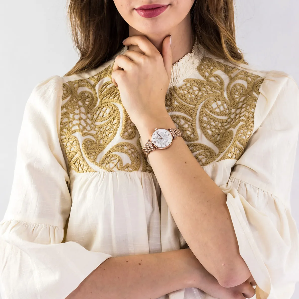 Emporio Armani Gianni T-Bar AR11244 Quartz White Dial Stainless Steel Chain Lady’s Watch