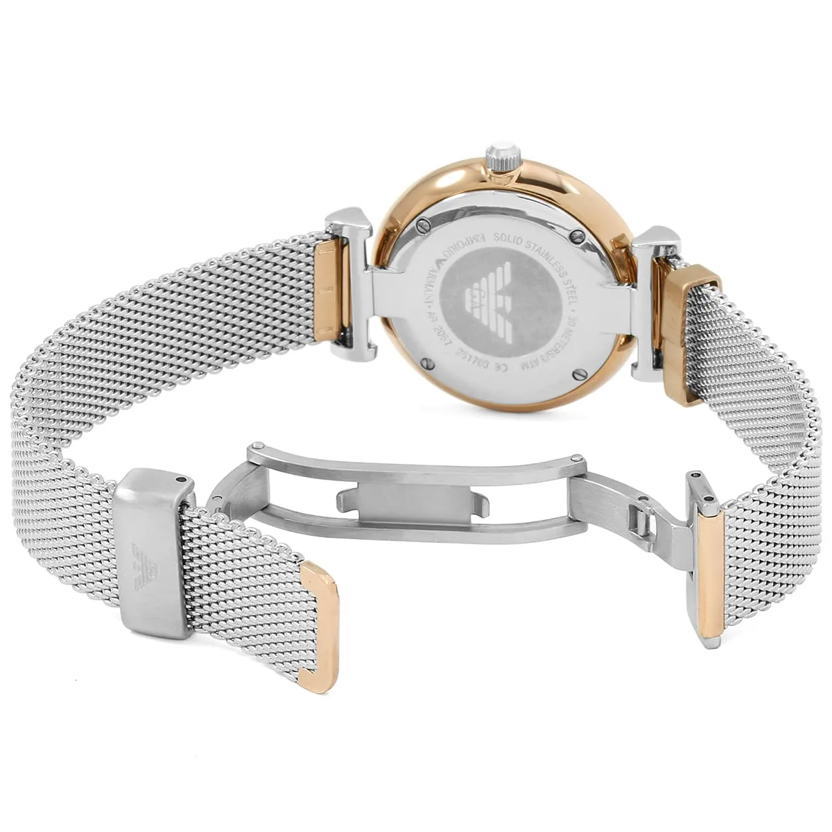 Emporio Armani Gianni T-Bar AR2067 Quartz Mother of Pearl Dial Stainless Steel Mesh Chain Lady’s Watch