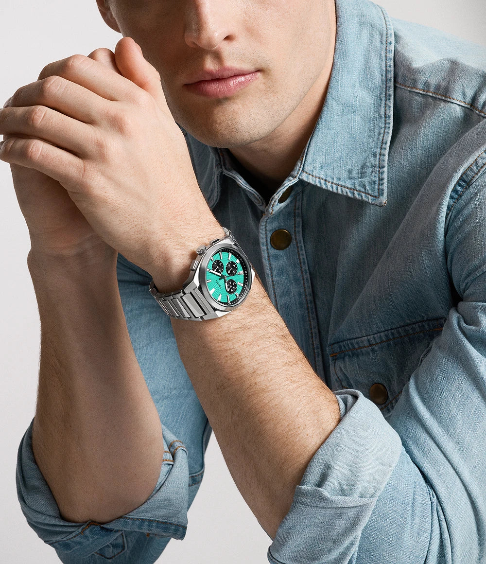 Fossil Everett FS6117 Chronograph Quartz Turquoise Dial Stainless Steel Chain Men’s Watch