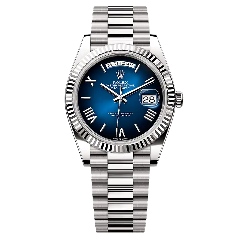 Rolex Day-Date Oyster Perpetual Automatic Full Silver With Blue Dial Stainless Steel Chain Men’s Watch