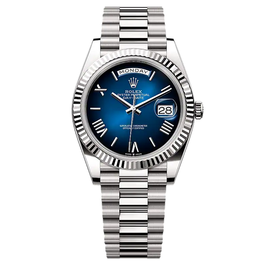 Rolex Day-Date Oyster Perpetual Automatic Full Silver With Blue Dial Stainless Steel Chain Men’s Watch