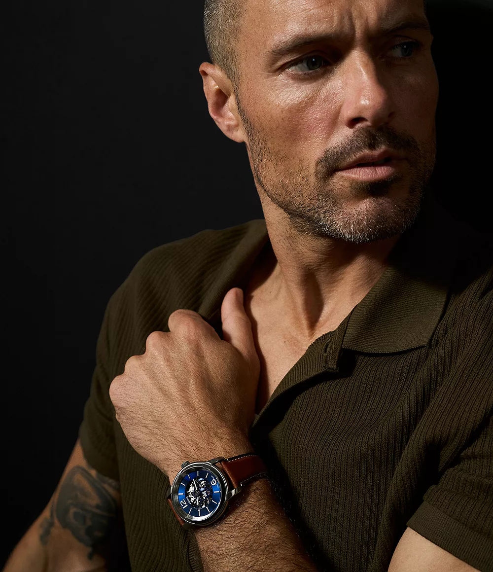 Fossil Heritage ME3263 Automatic Blue Dial Skeleton Genuine Leather Strap Men’s Watch