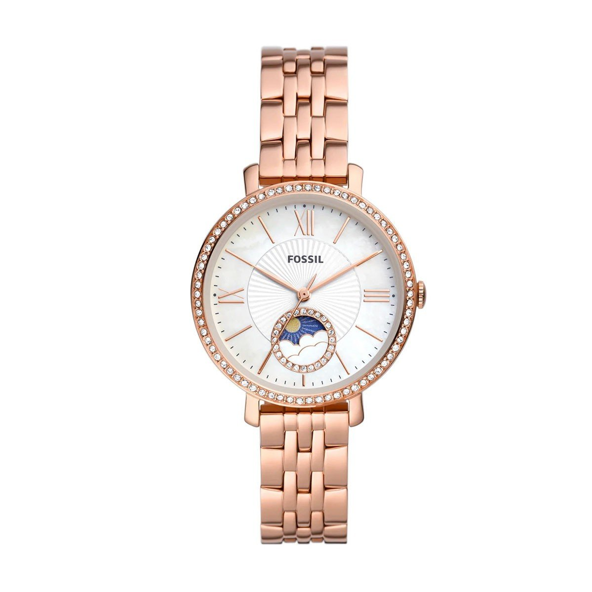 Fossil Jacqueline ES5165 Moonphase Quartz White Dial Stainless Steel Chain Women’s Watch