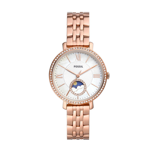 Fossil Jacqueline ES5165 Moonphase Quartz White Dial Stainless Steel Chain Women’s Watch