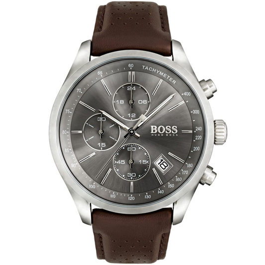 Hugo Boss Grand Prix HB1513476 Chronograph Quartz Grey Dial Genuine Leather Strap Men’s Watch