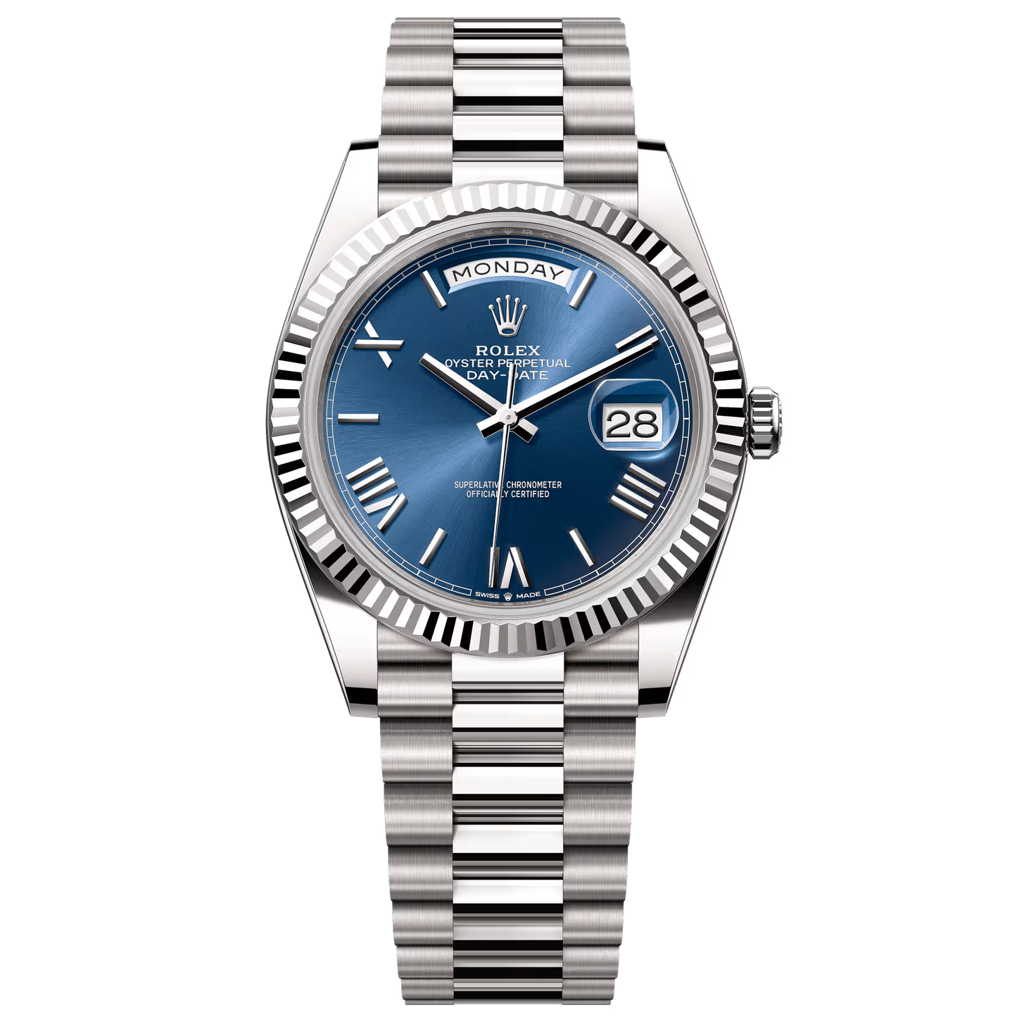 Rolex Day-Date Oyster Perpetual Automatic Full Silver With Blue Dial Stainless Steel Chain Men’s Watch