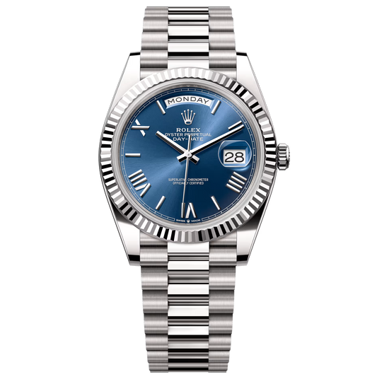 Rolex Day-Date Oyster Perpetual Automatic Full Silver With Blue Dial Stainless Steel Chain Men’s Watch