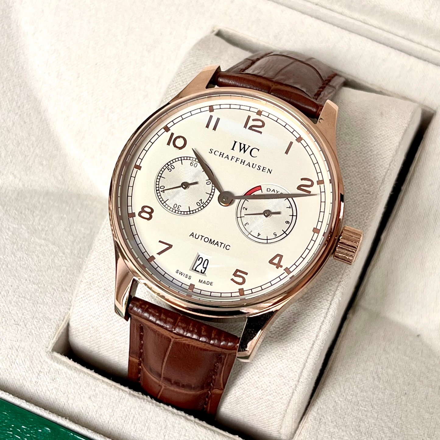 IWC "Portuguese" Automatic White Dial Rose Gold Case Tone Genuine Leather Strap Men’s Watch