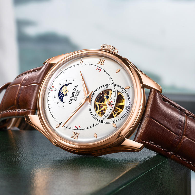 Carnival 7750g Open Heart Moon-phase Automatic White Dial Stainless Steel Genuine Leather Strap Men’s Watch