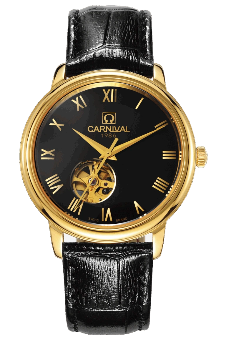 Carnival 50801g Automatic Golden-Black Tone Stainless Steel Genuine Leather Strap Men’s Watch
