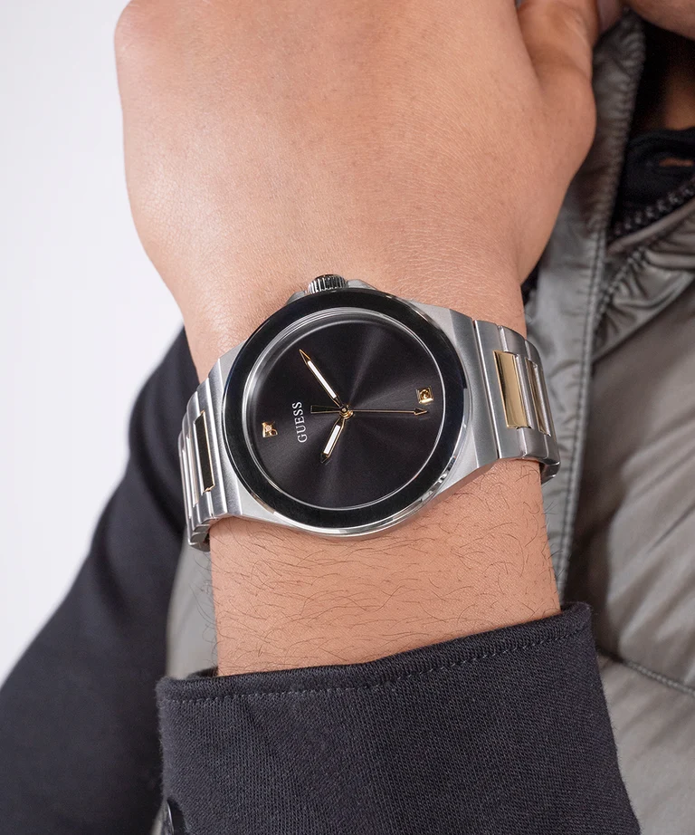 Guess Vinyl GW0833G3 Quartz Black Dial Silver & Golden-Tone Stainless Steel Chain Men’s Watch
