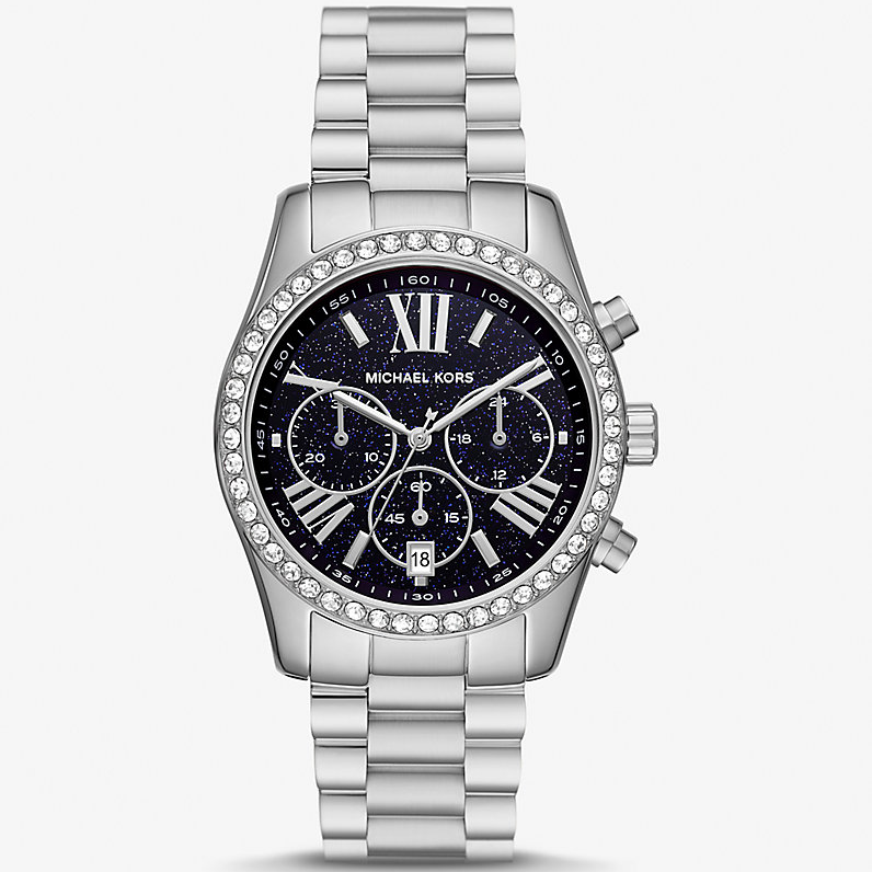 Michael Kors Lexington MK7277 Silver-Tone Quartz Chronograph Blue Pavé Dial Stainless Steel Chain Ladies Watch