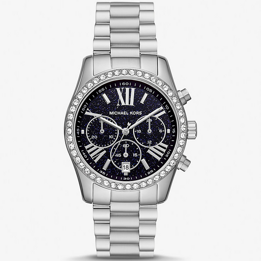 Michael Kors Lexington MK7277 Silver-Tone Quartz Chronograph Blue Pavé Dial Stainless Steel Chain Ladies Watch