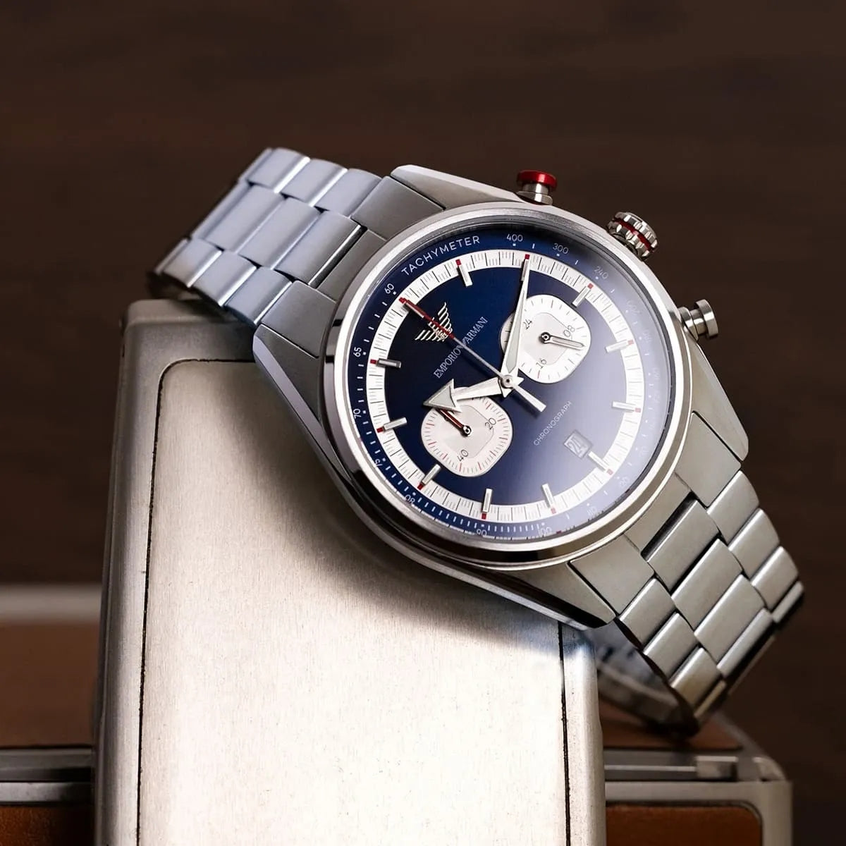 Emporio Armani Racer AR11676 Chronograph Quartz Blue Dial Stainless Steel Chain Men’s Watch