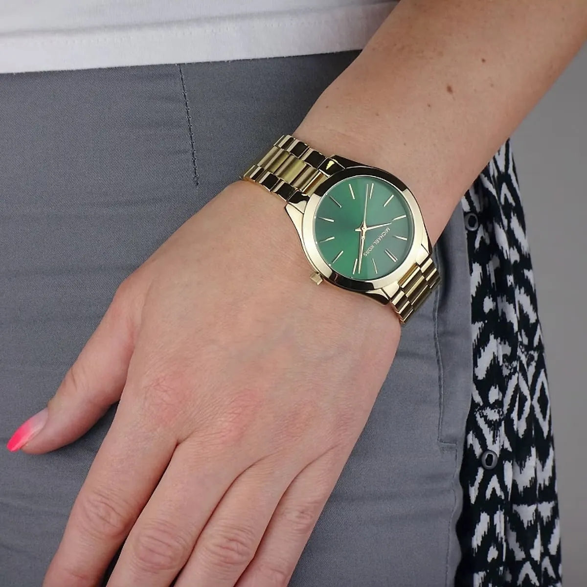 Michael Kors Slim Runway MK3435 Green Dial Quartz Golden Tone Stainless Steel Women’s Watch