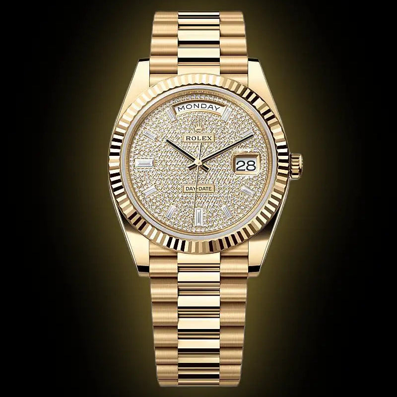 Rolex Day-Date Diamond-Paved Dial Fluted Bezel Automatic Golden Tone Stainless Steel President Chain Men’s Watch