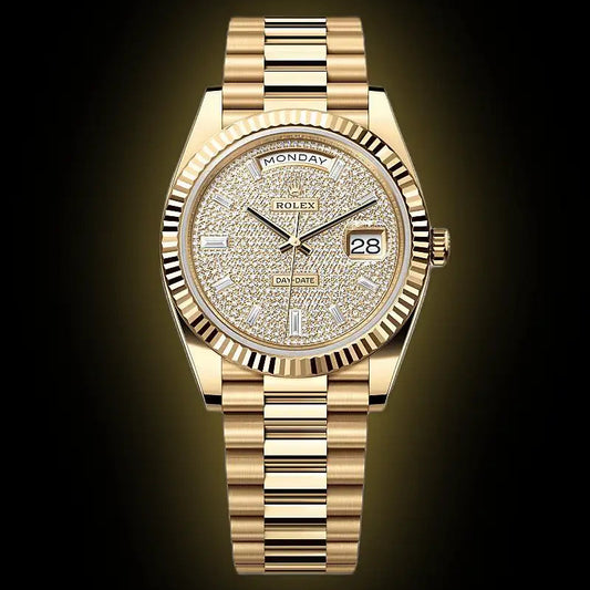 Rolex Day-Date Diamond-Paved Dial Fluted Bezel Automatic Golden Tone Stainless Steel President Chain Men’s Watch