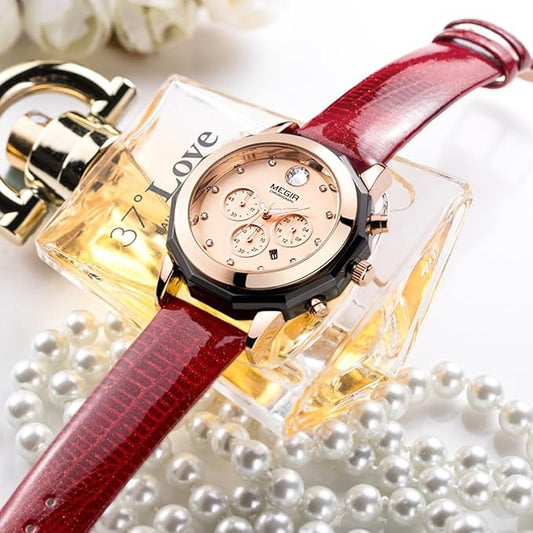 Megir ML2042LRERD-0N0 Chronograph Quartz Red Genuine Leather Strap Women’s watch