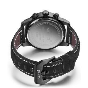Megir M-2026 Quartz Chronograph Black Genuine Leather Strap Men’s watch