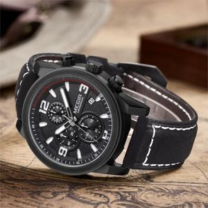 Megir M-2026 Quartz Chronograph Black Genuine Leather Strap Men’s watch