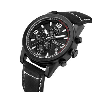 Megir M-2026 Quartz Chronograph Black Genuine Leather Strap Men’s watch